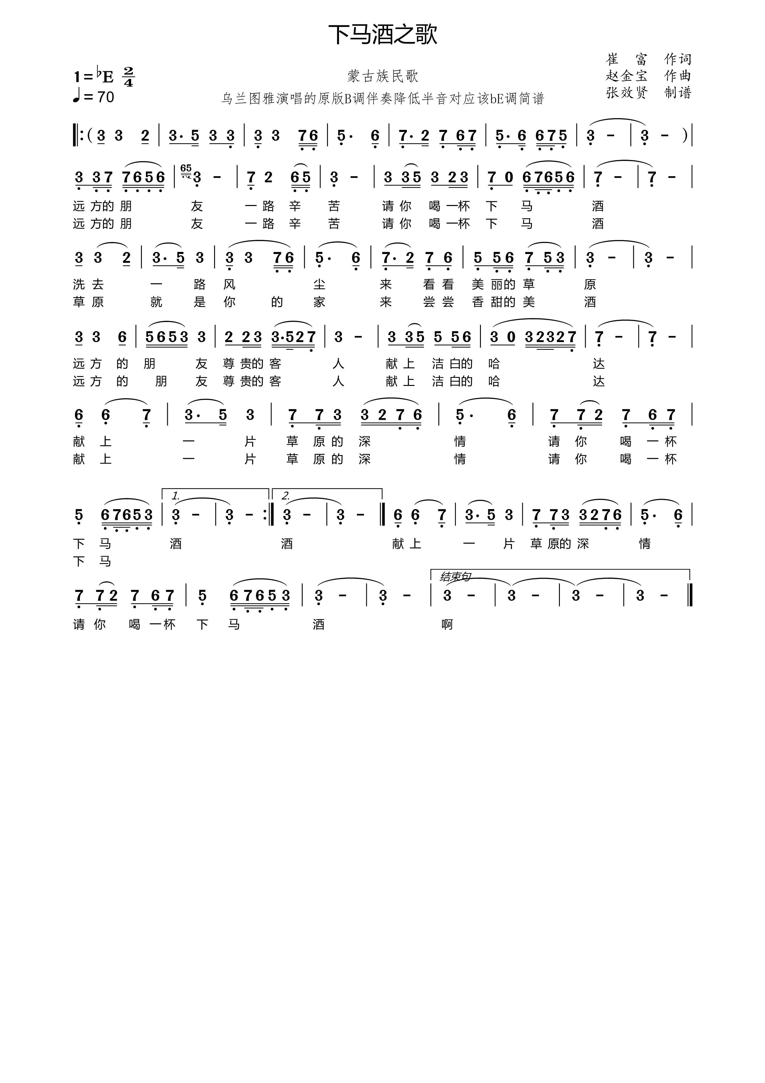 薩克斯下馬酒之歌簡譜