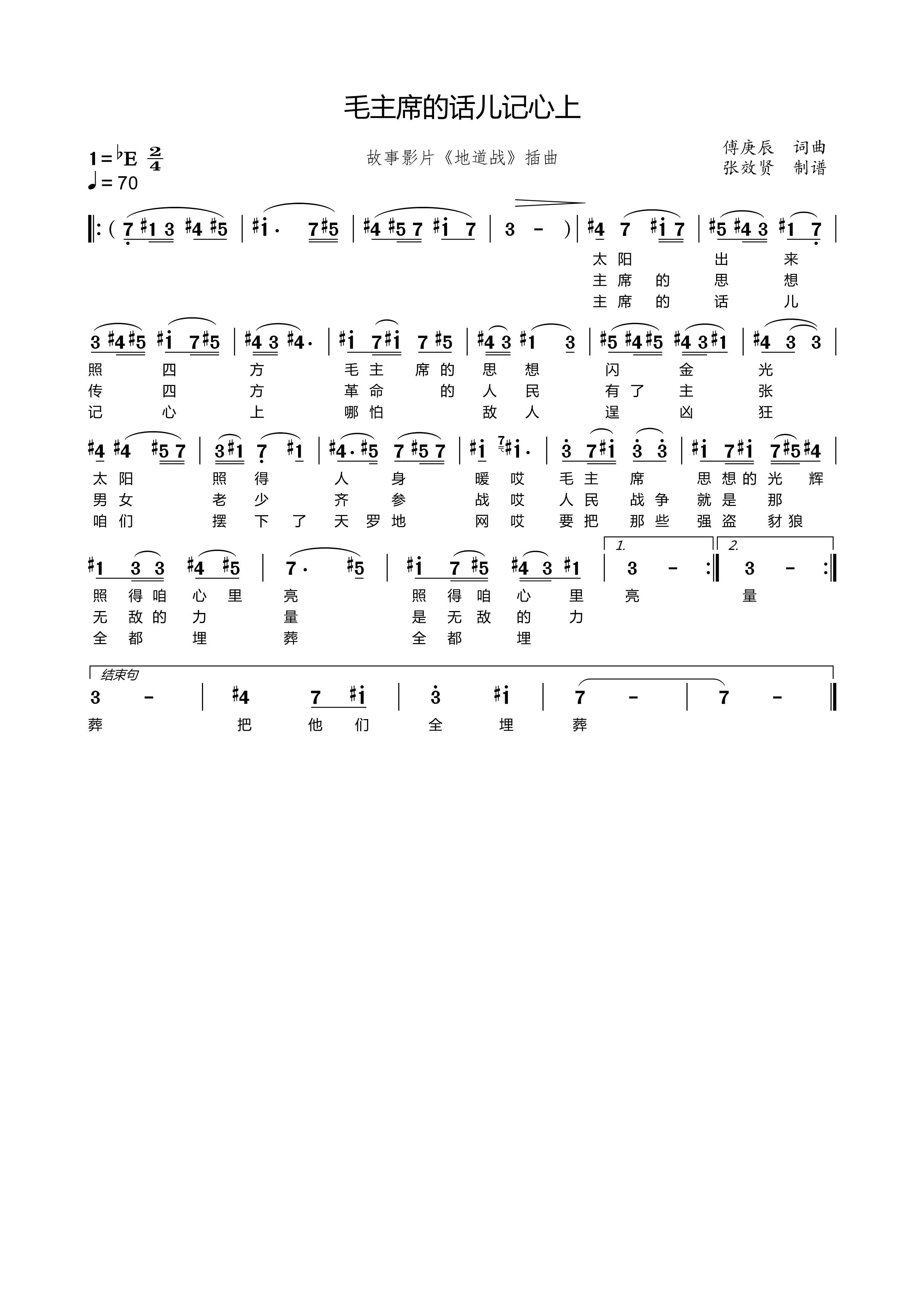 薩克斯 毛主席的話兒記心上 簡(jiǎn)譜