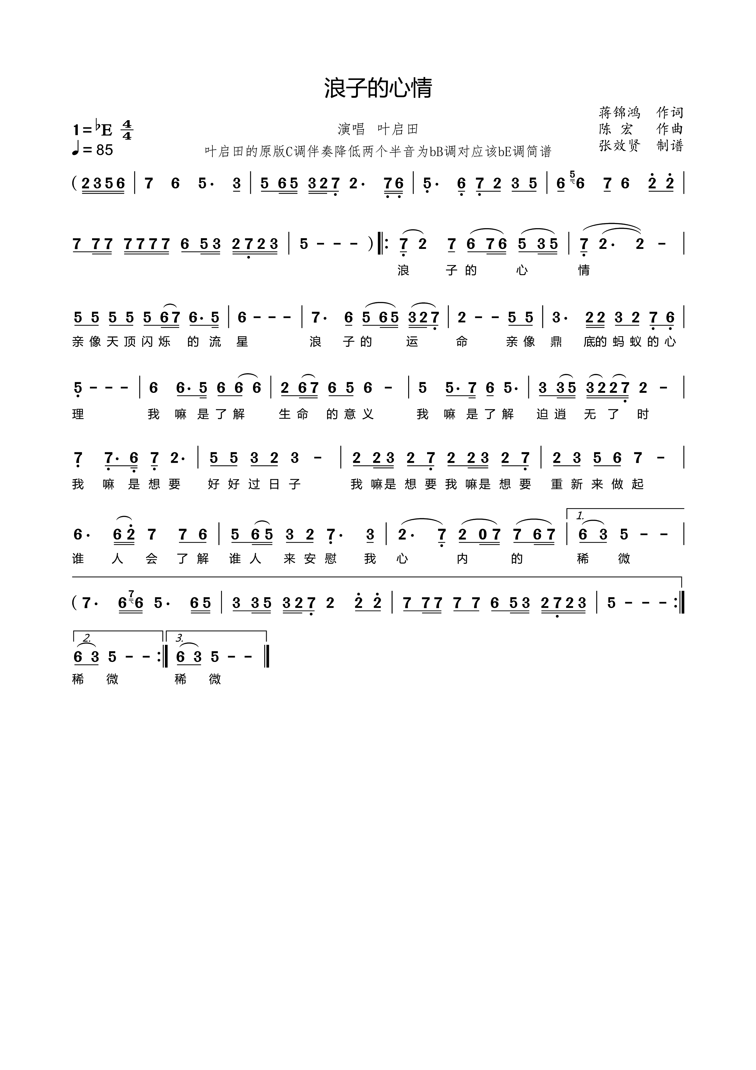 薩克斯 浪子的心情 簡譜